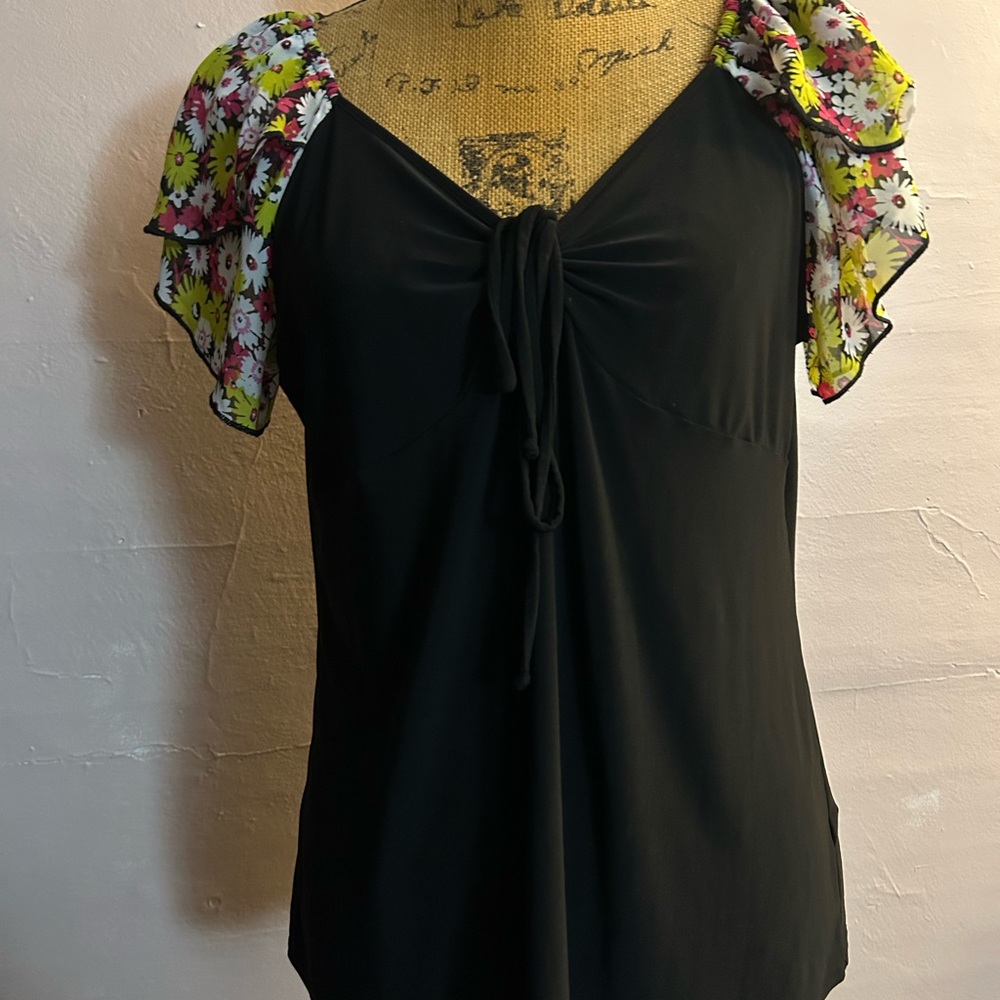 Floral Sleeve Black Top